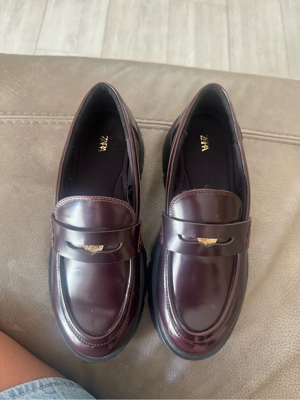 ZARA Burgundy Leather Penny Loafers with Gold Accent